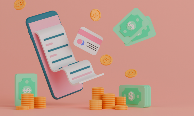 moedas, cédulas de dinheiro, cartão de crédito e smartphone representam diversos meios de pagamento