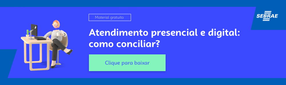 banner azul com a ilustração de uma mulher em uma mesa de escritório tomando uma xícara de café